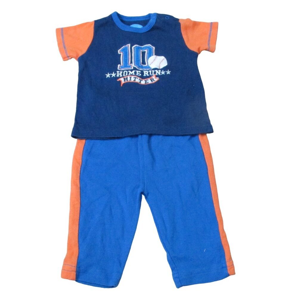 Bon Bebe 2 Pc T Shirt Pants Outfit Boy Size 3-6M Blue Orange #10 Home Run Hitter
